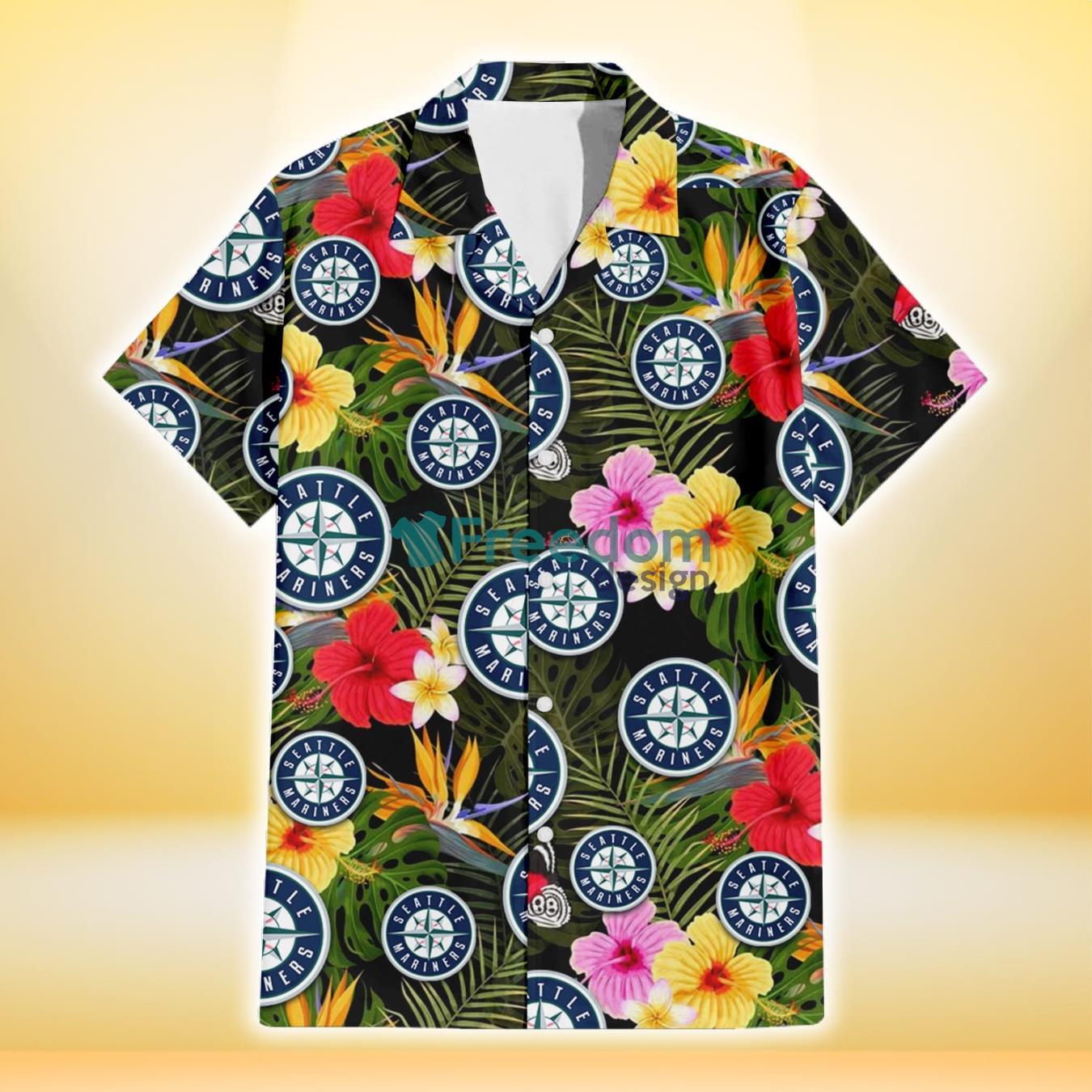 Seattle Mariners Colorful Hibiscus Green Leaf Back Background 3D Hawaiian Shirt Gift For Fans Product Photo 2