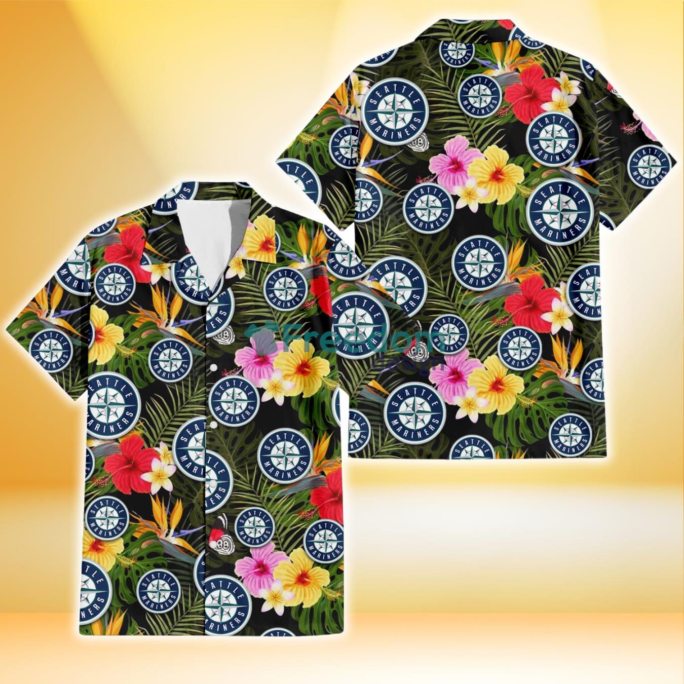 Seattle Mariners Colorful Hibiscus Green Leaf Back Background 3D Hawaiian Shirt Gift For Fans Product Photo 1