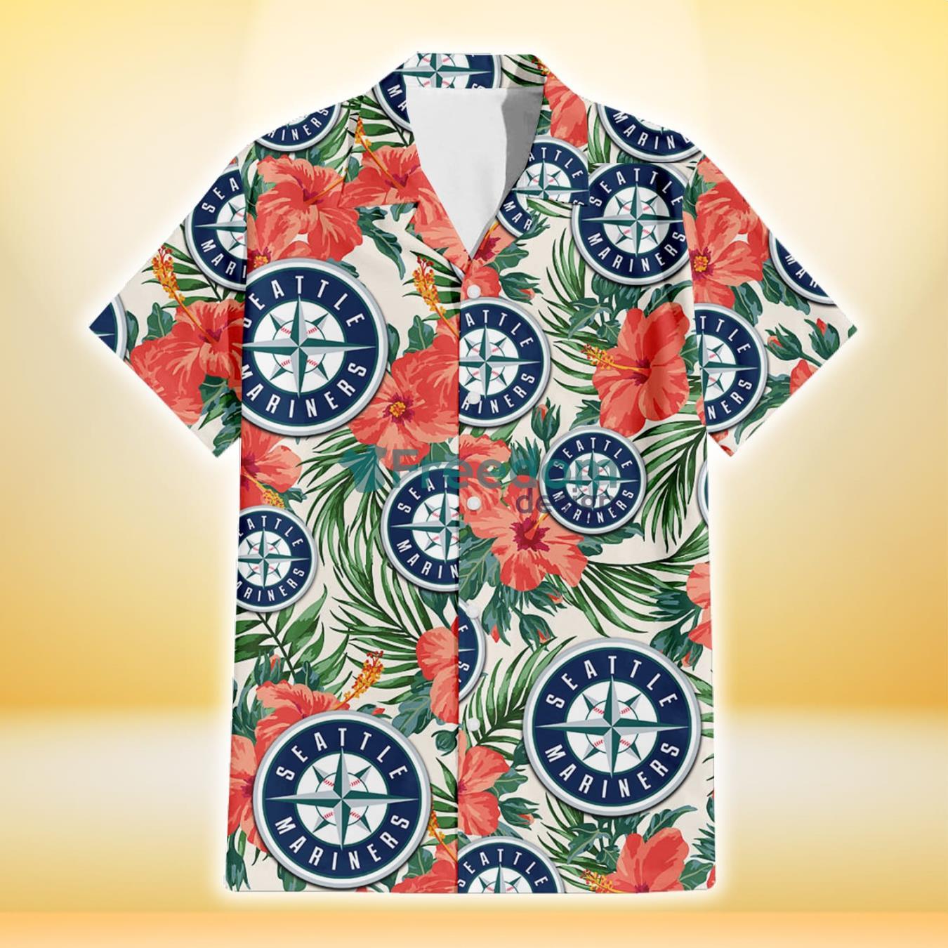 Seattle Mariners Coral Hibiscus Green Leaf Beige Background 3D Hawaiian Shirt Gift For Fans Product Photo 2