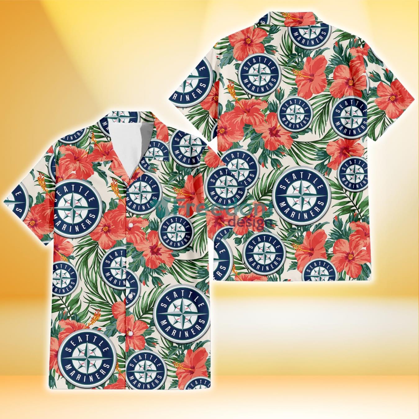 Seattle Mariners Coral Hibiscus Green Leaf Beige Background 3D Hawaiian Shirt Gift For Fans Product Photo 1