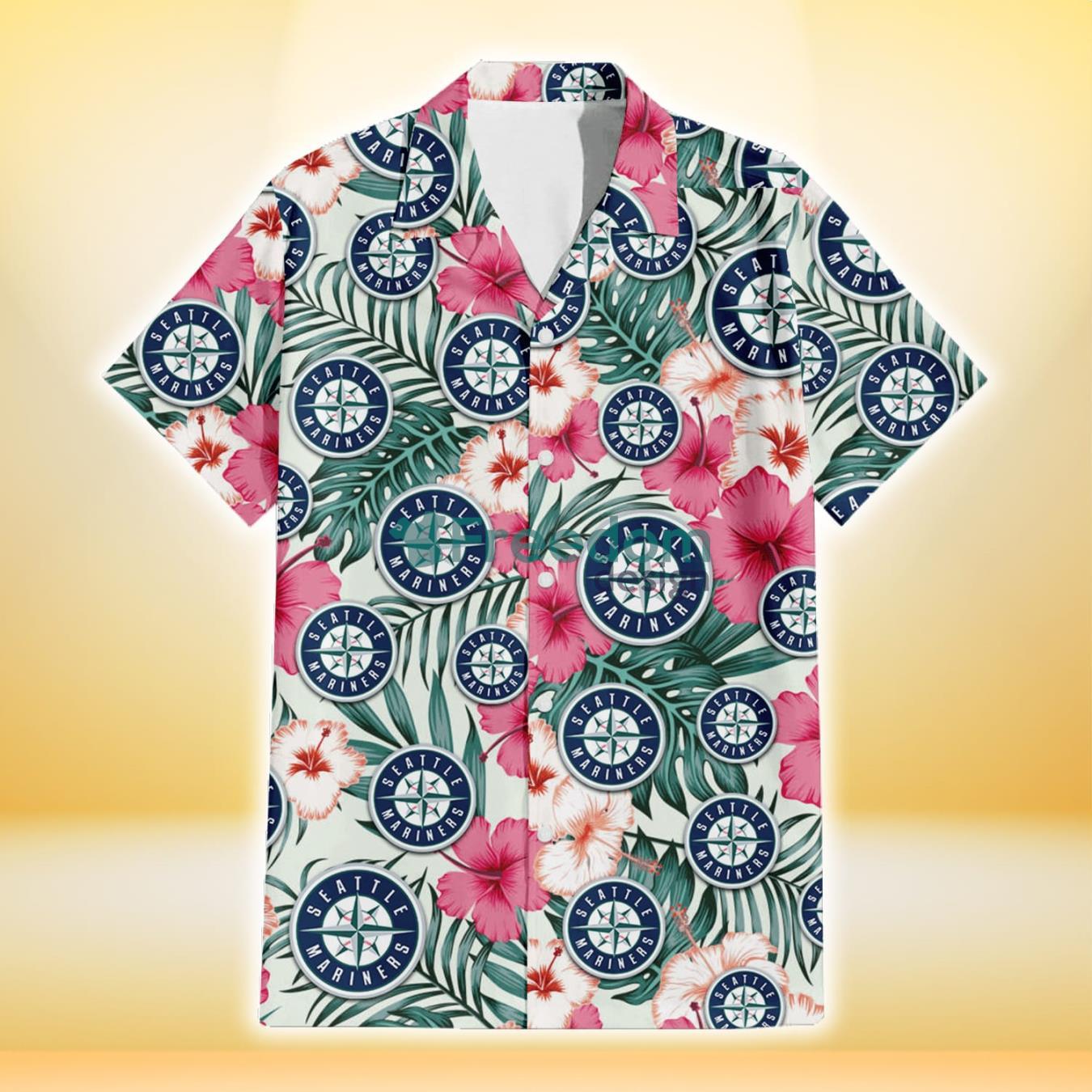 Seattle Mariners Coral Pink Hibiscus Green Leaf Beige Background 3D Hawaiian Shirt Gift For Fans Product Photo 2