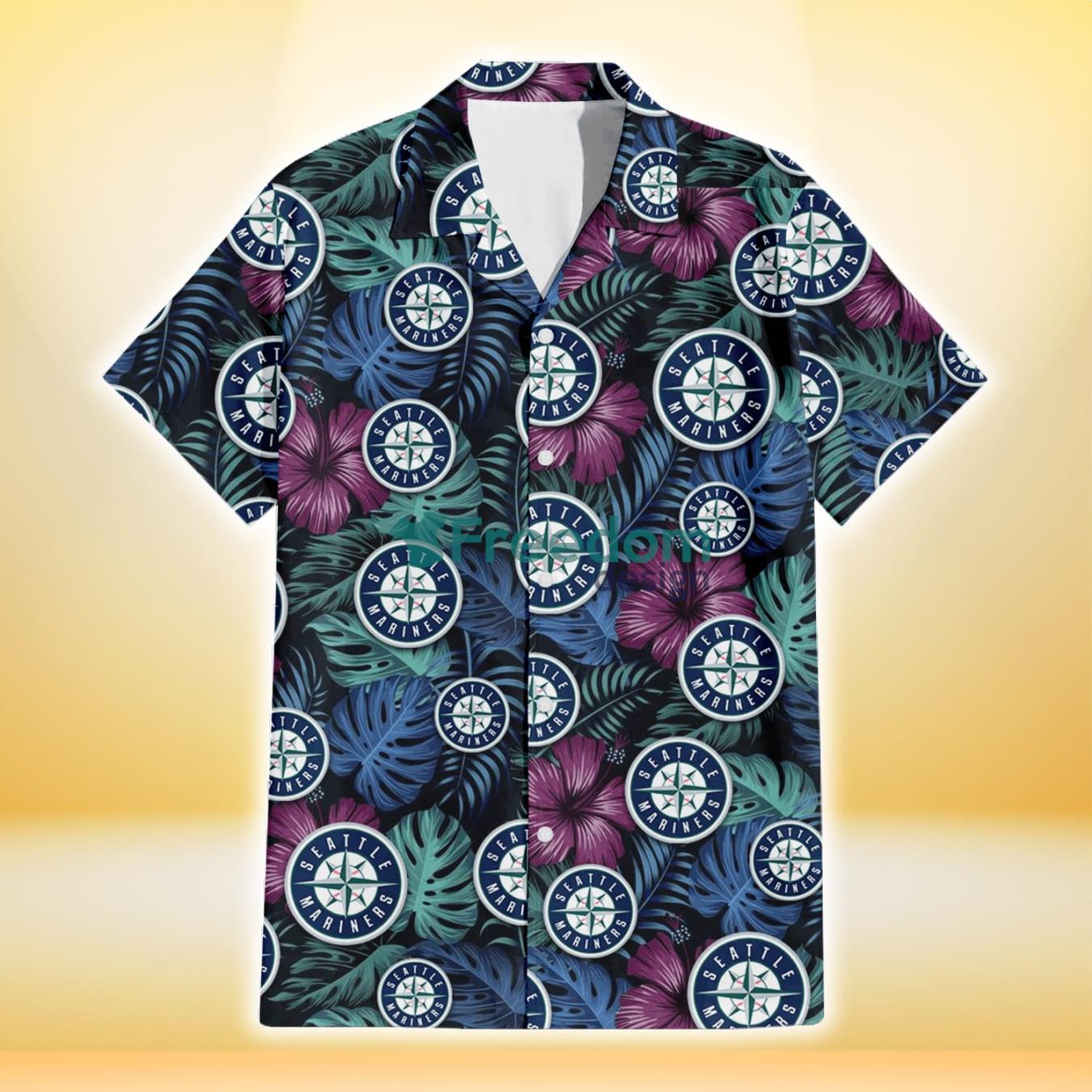 Seattle Mariners Dark Magenta Green Leaf Black Background 3D Hawaiian Shirt Gift For Fans Product Photo 2