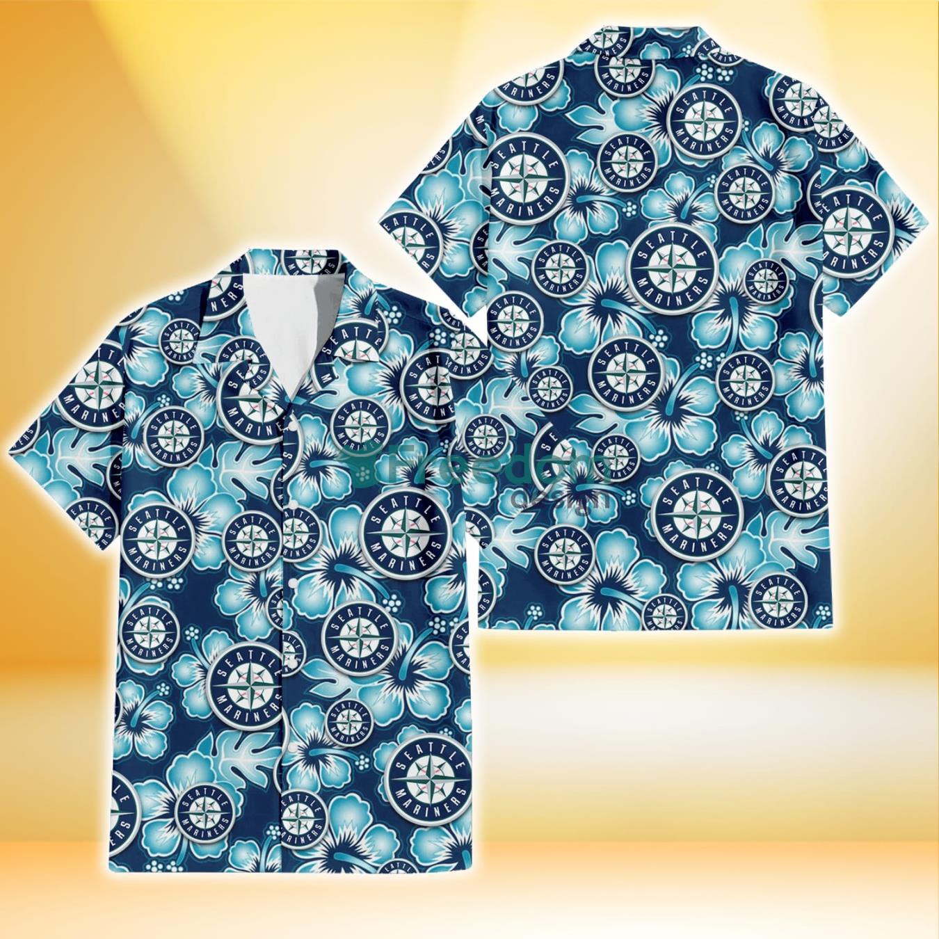 Seattle Mariners Dark Turquoise Hibiscus Navy Background 3D Hawaiian Shirt Gift For Fans Product Photo 1