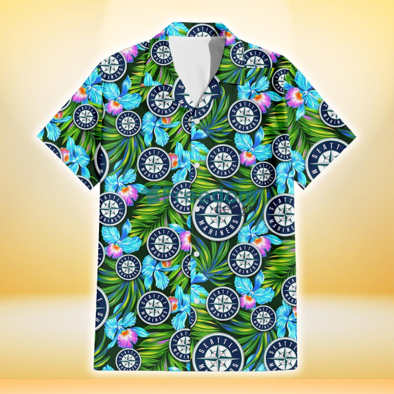 Seattle Mariners Electro Color Hibiscus Black Background 3D Hawaiian Shirt Gift For Fans Product Photo 2