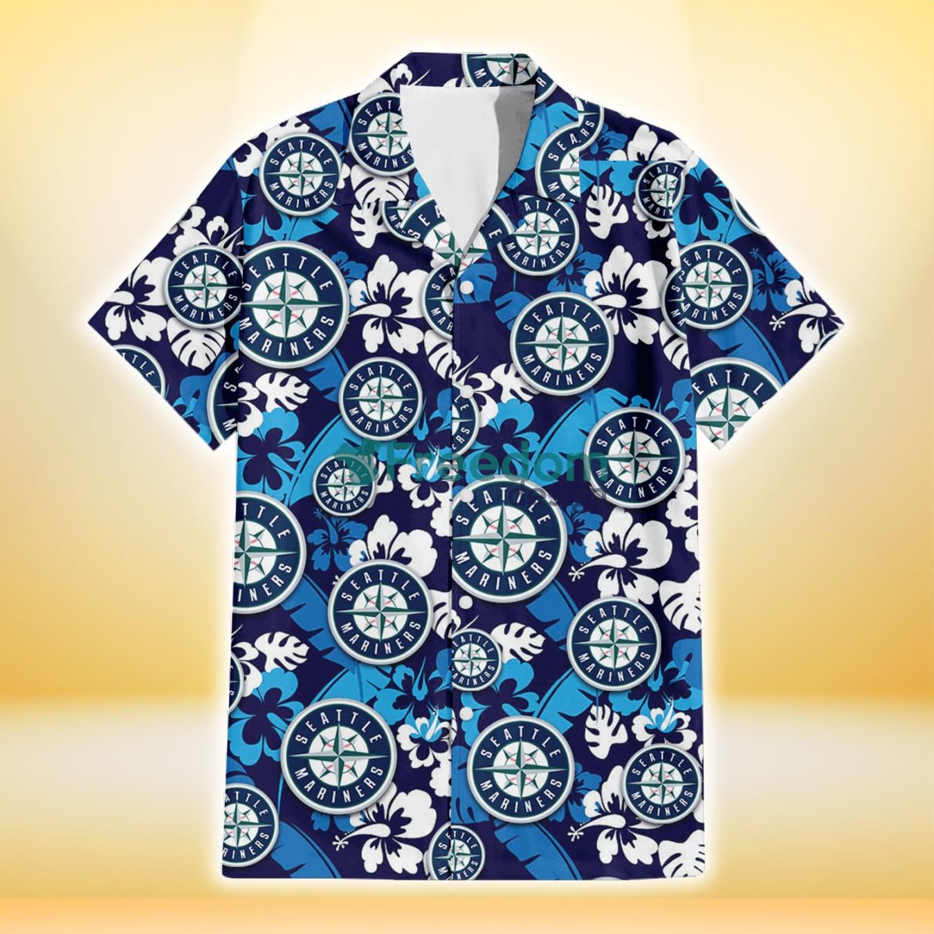 Seattle Mariners White Hibiscus Turquoise Banana Leaf Navy Background 3D  Hawaiian Shirt Gift For Fans - Freedomdesign