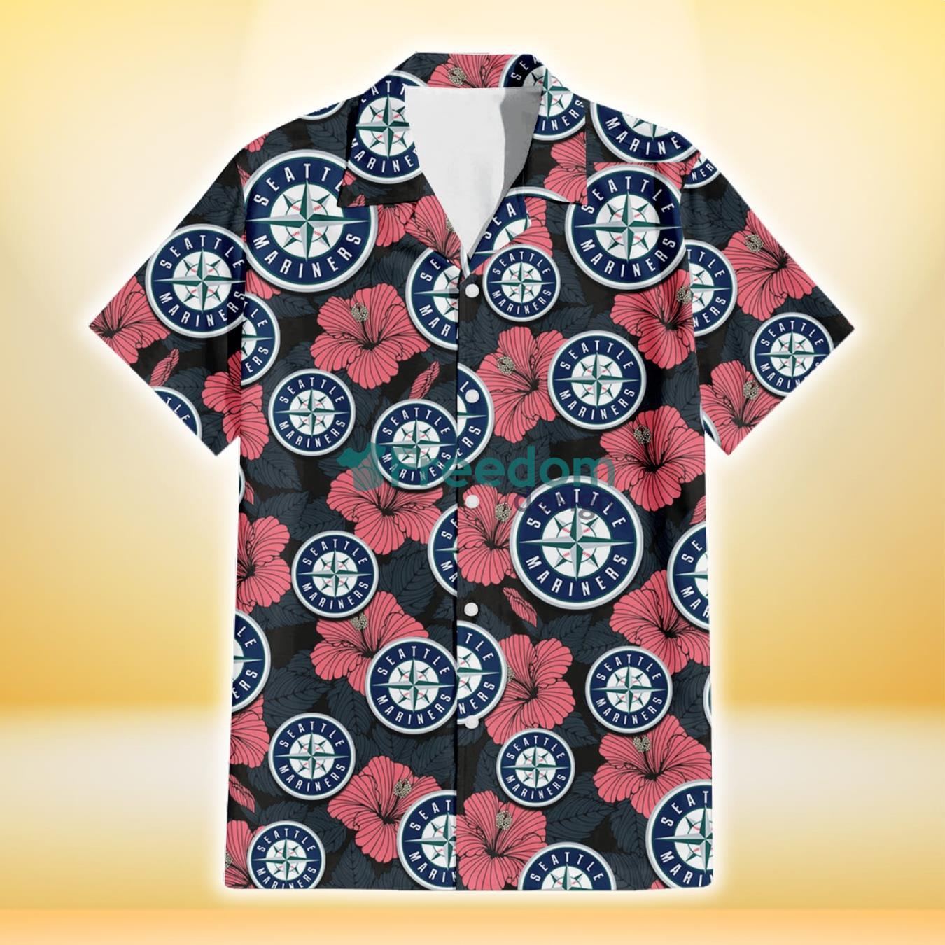 Seattle Mariners Light Coral Hibiscus Gray Leaf Black Background 3D Hawaiian Shirt Gift For Fans Product Photo 2