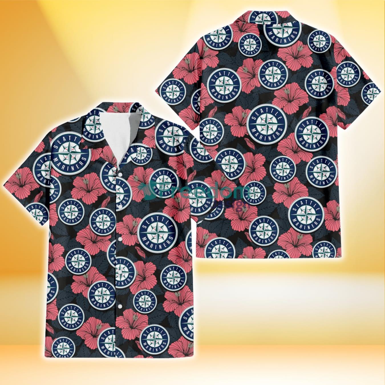 Seattle Mariners Light Coral Hibiscus Gray Leaf Black Background 3D Hawaiian Shirt Gift For Fans Product Photo 1