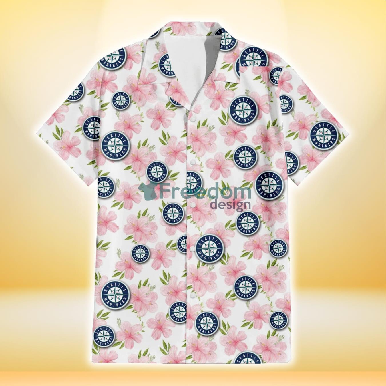 Seattle Mariners Light Pink Hibiscus White Background 3D Hawaiian Shirt Gift For Fans Product Photo 2