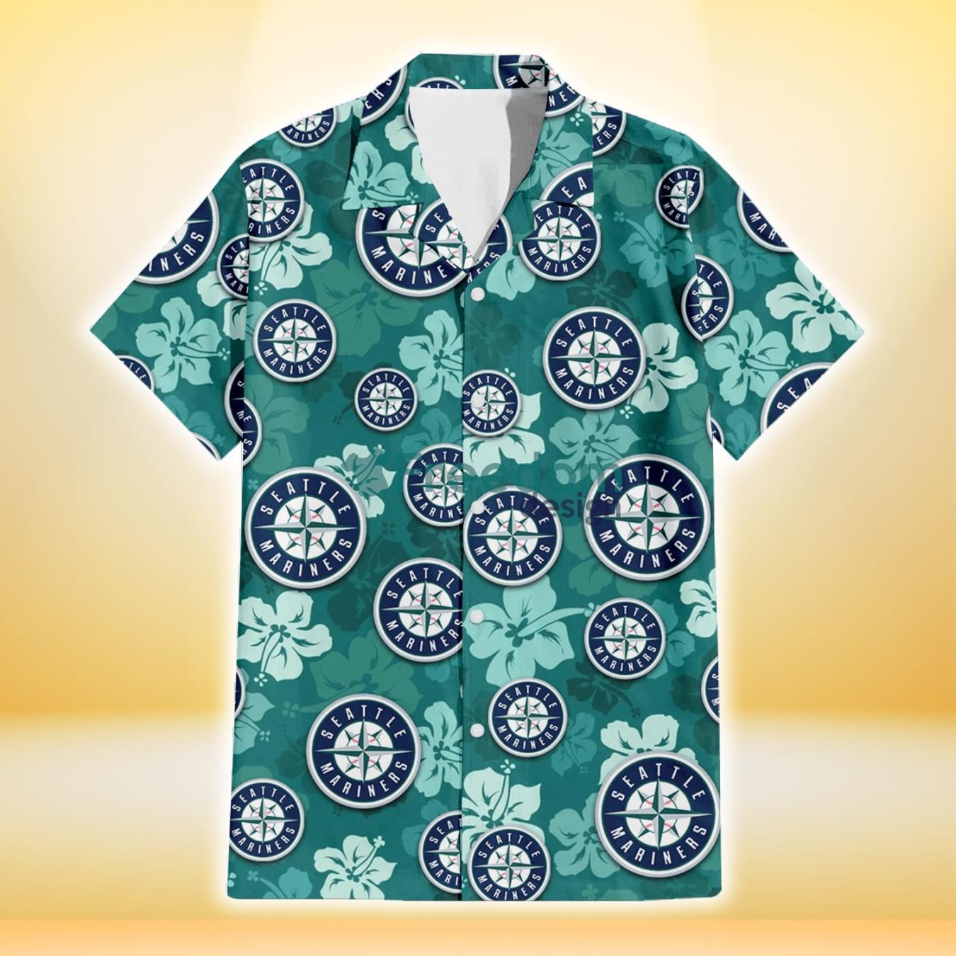 Seattle Mariners Light Sea Green Hibiscus Green Background 3D Hawaiian Shirt Gift For Fans Product Photo 2