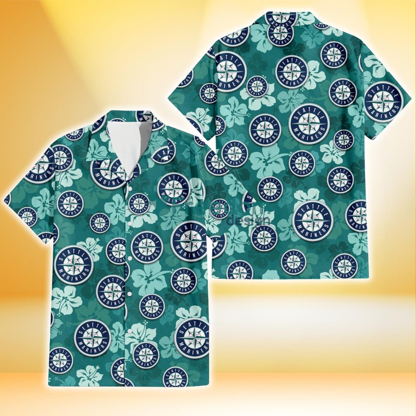 Seattle Mariners Light Sea Green Hibiscus Green Background 3D Hawaiian Shirt Gift For Fans Product Photo 1