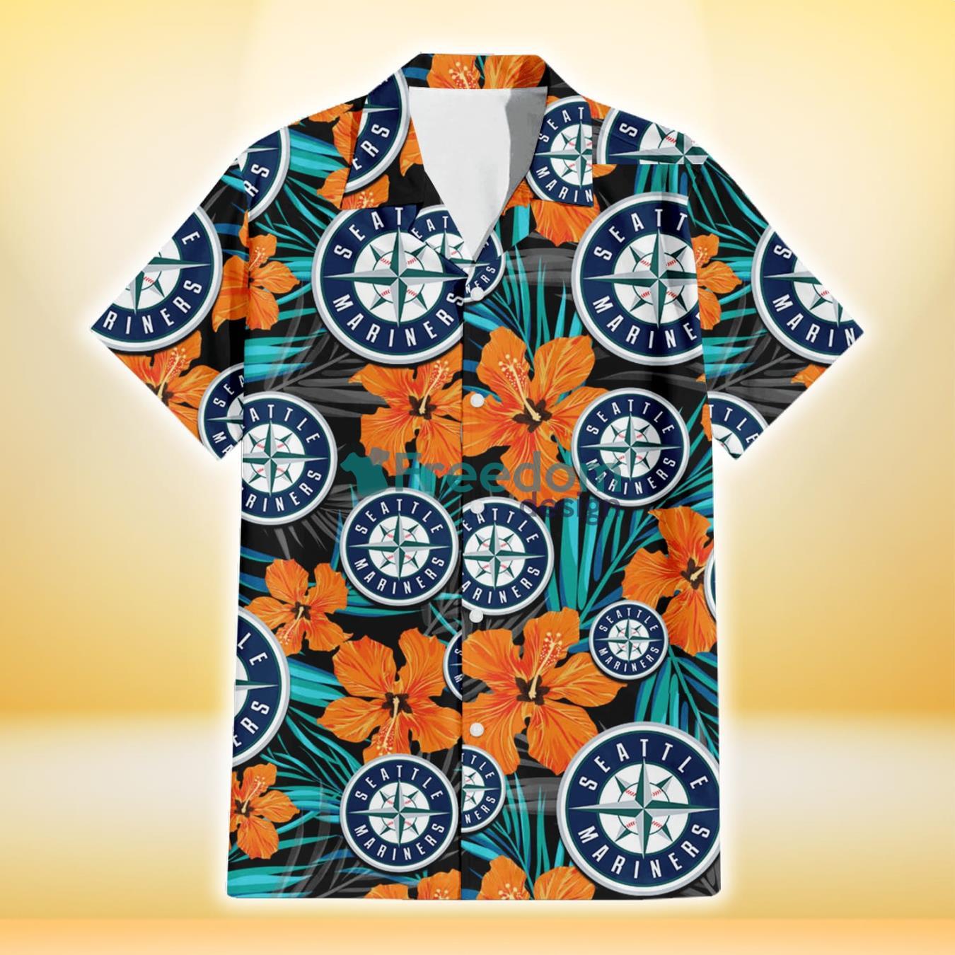 Seattle Mariners Orange Hibiscus Blue Gray Leaf Black Background 3D Hawaiian Shirt Gift For Fans Product Photo 2