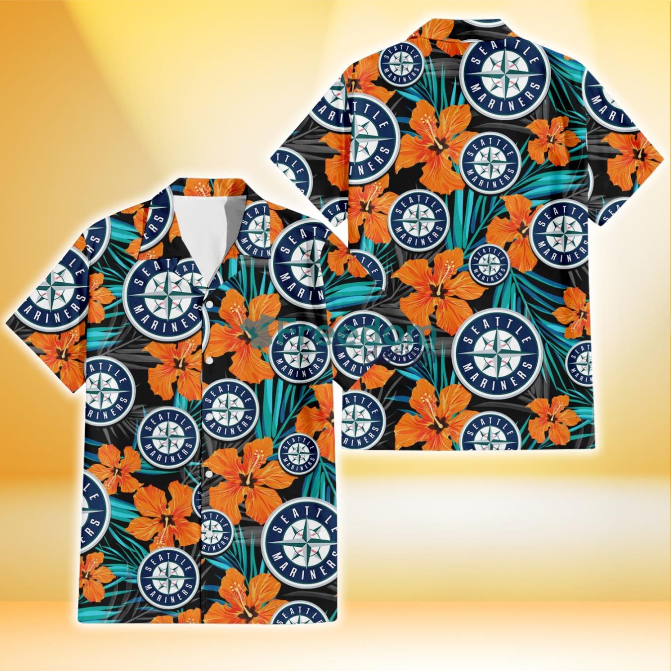 Seattle Mariners Orange Hibiscus Blue Gray Leaf Black Background 3D Hawaiian Shirt Gift For Fans Product Photo 1