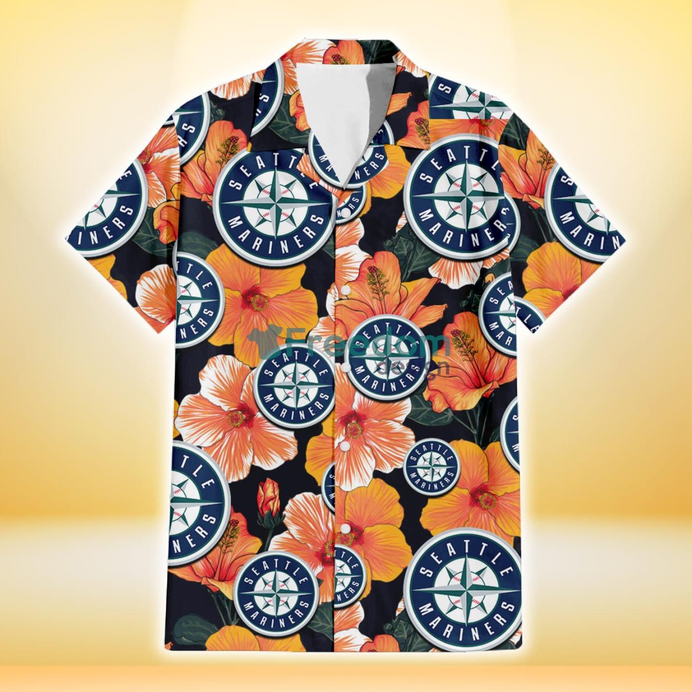 Seattle Mariners Orange Hibiscus Dark Green Leaf Black Background 3D Hawaiian Shirt Gift For Fans Product Photo 2