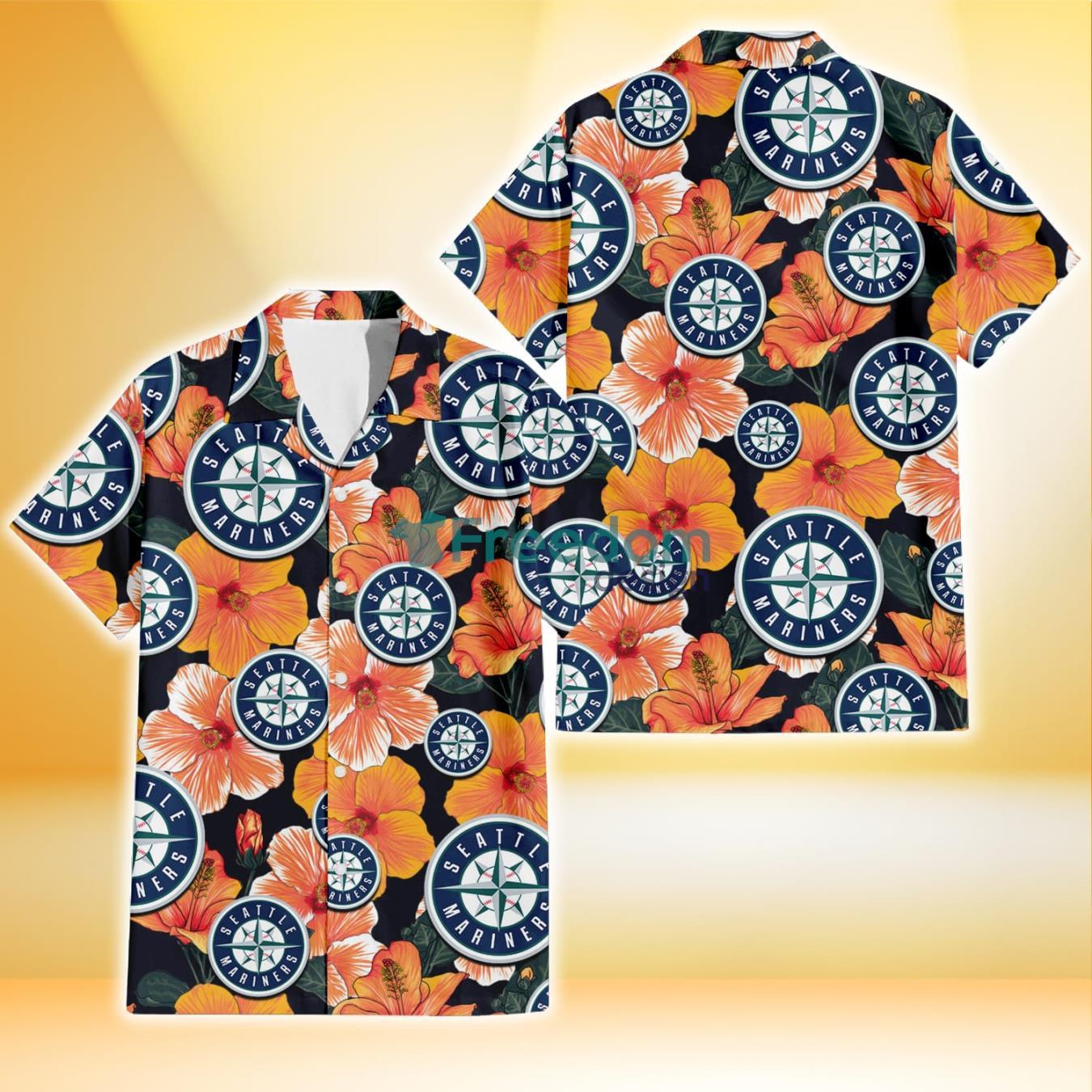 Seattle Mariners Orange Hibiscus Dark Green Leaf Black Background 3D Hawaiian Shirt Gift For Fans Product Photo 1