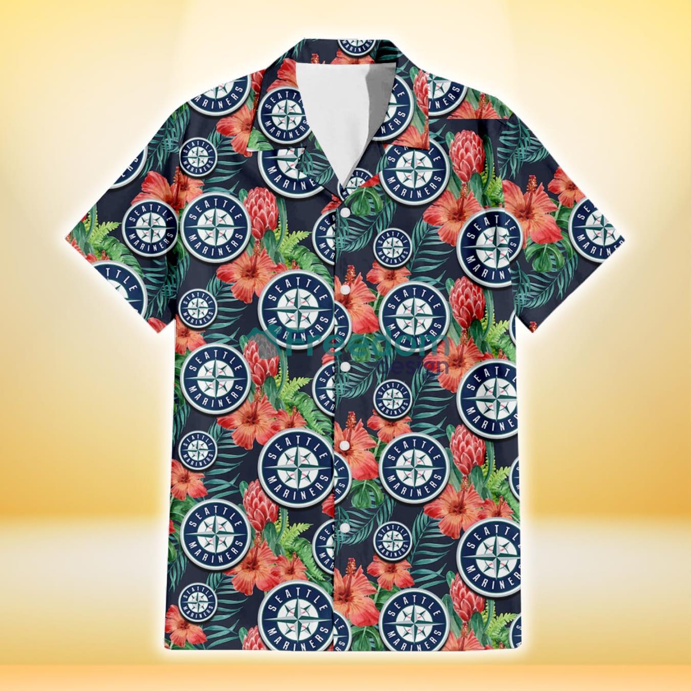 Seattle Mariners Orange Hibiscus Green Tropical Leaf Dark Background 3D Hawaiian Shirt Gift For Fans Product Photo 2