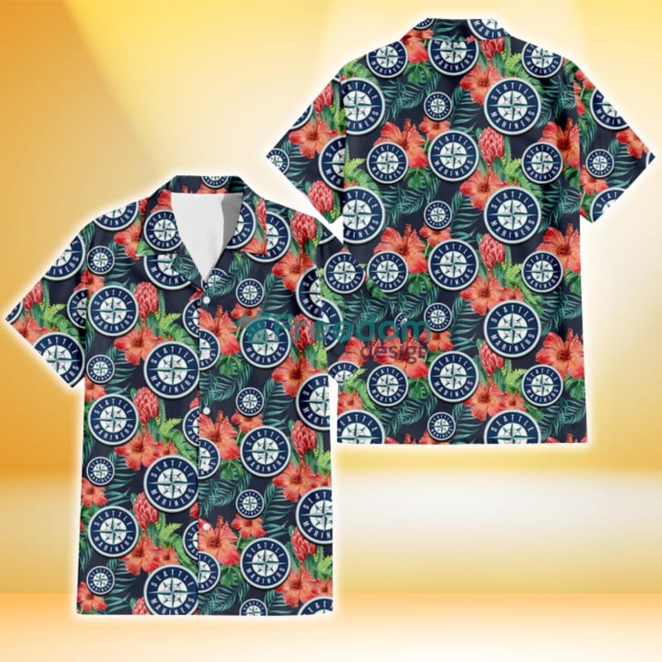 Seattle Mariners Orange Hibiscus Green Tropical Leaf Dark Background 3D Hawaiian Shirt Gift For Fans Product Photo 1