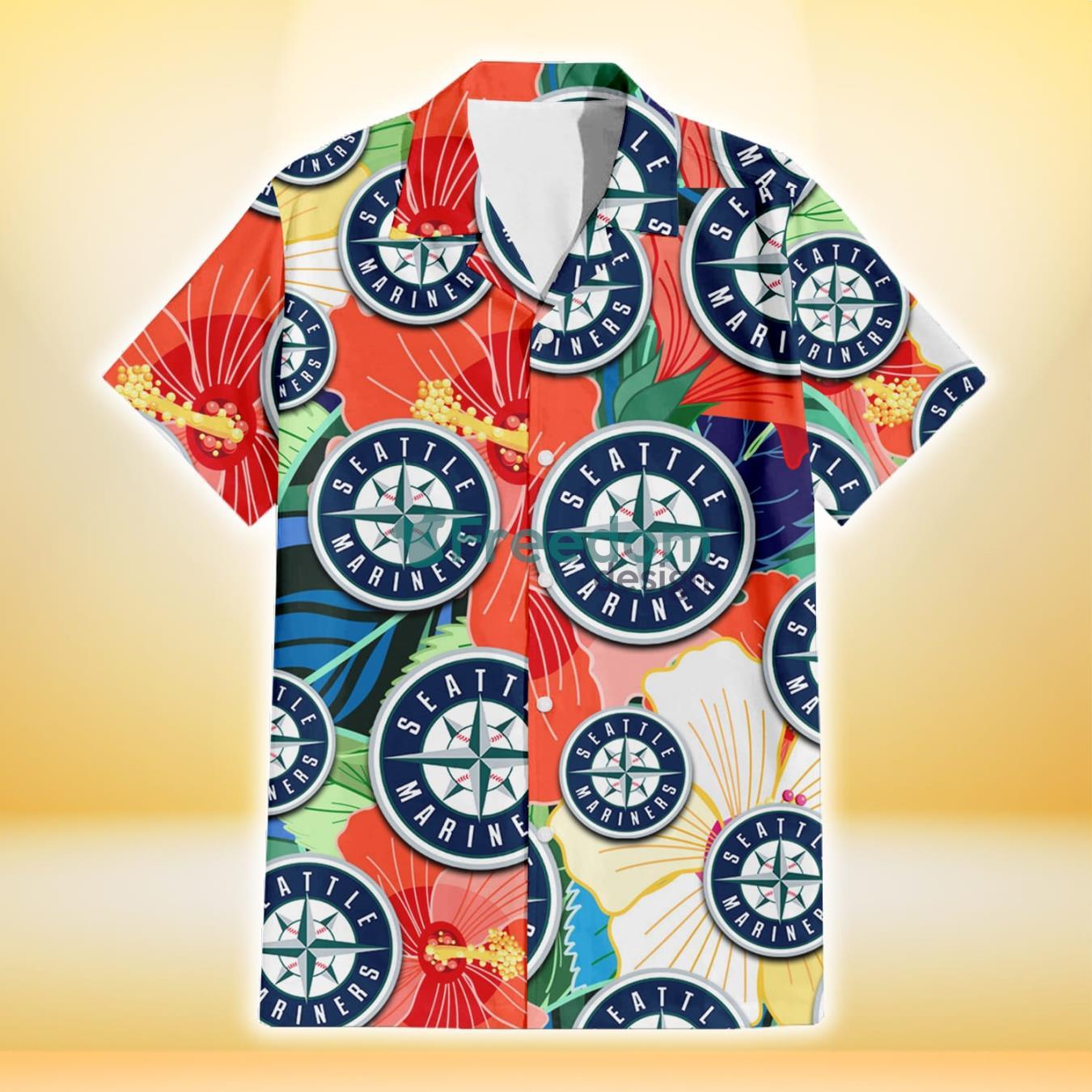 Seattle Mariners Orange White Tropical Hibiscus Green Leaf 3D Hawaiian Shirt Gift For Fans Product Photo 2