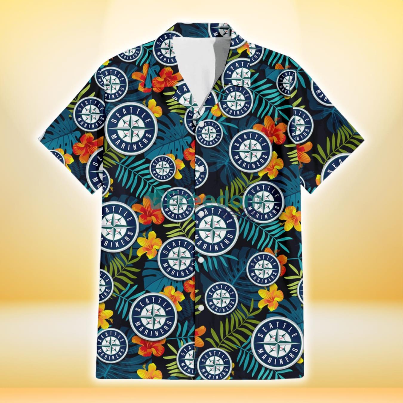 Seattle Mariners Orange Yellow Green Leaf Black Background 3D Hawaiian Shirt Gift For Fans Product Photo 2