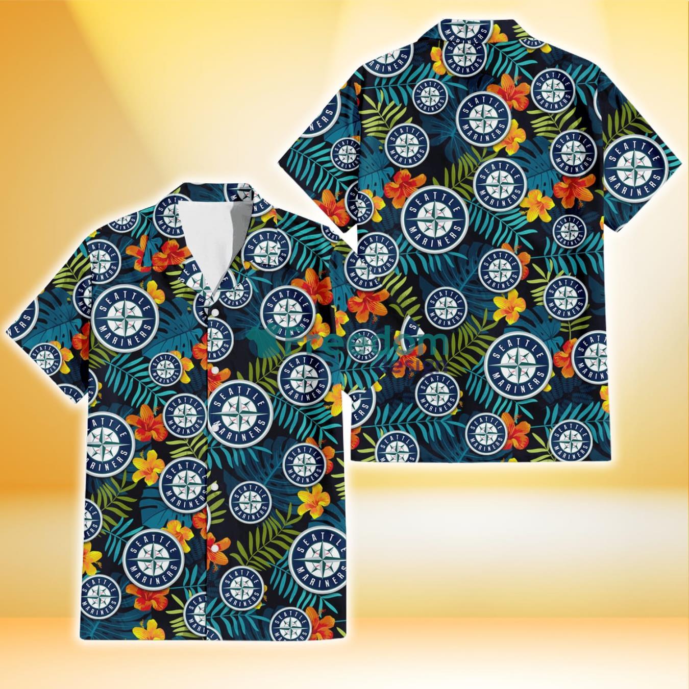 Seattle Mariners Orange Yellow Green Leaf Black Background 3D Hawaiian Shirt Gift For Fans Product Photo 1