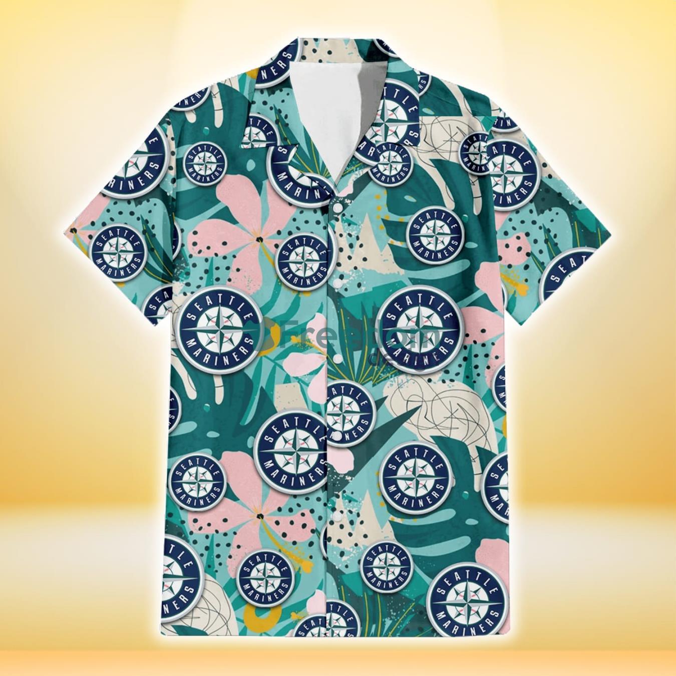 Seattle Mariners Pastel Hibiscus Palm Leaf Tiny Dot Green Background 3D Hawaiian Shirt Gift For Fans Product Photo 2