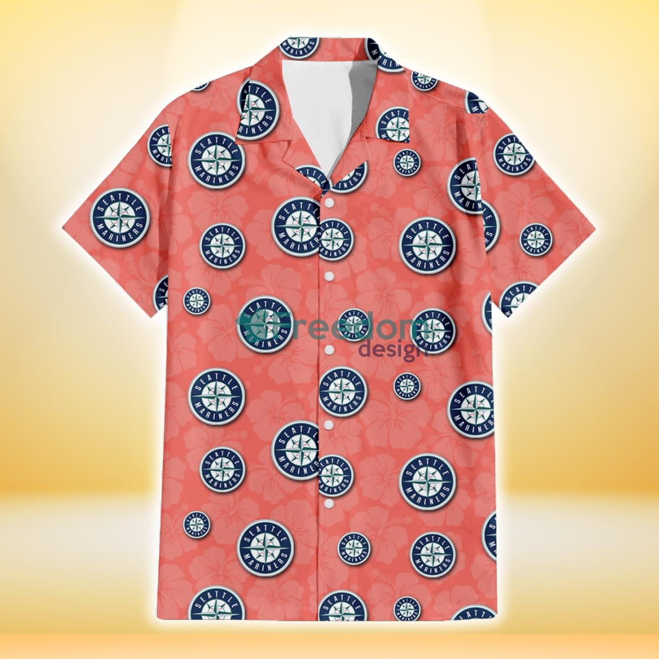 Seattle Mariners Peach Puff Hibiscus Tomato Orange Background 3D Hawaiian Shirt Gift For Fans Product Photo 2