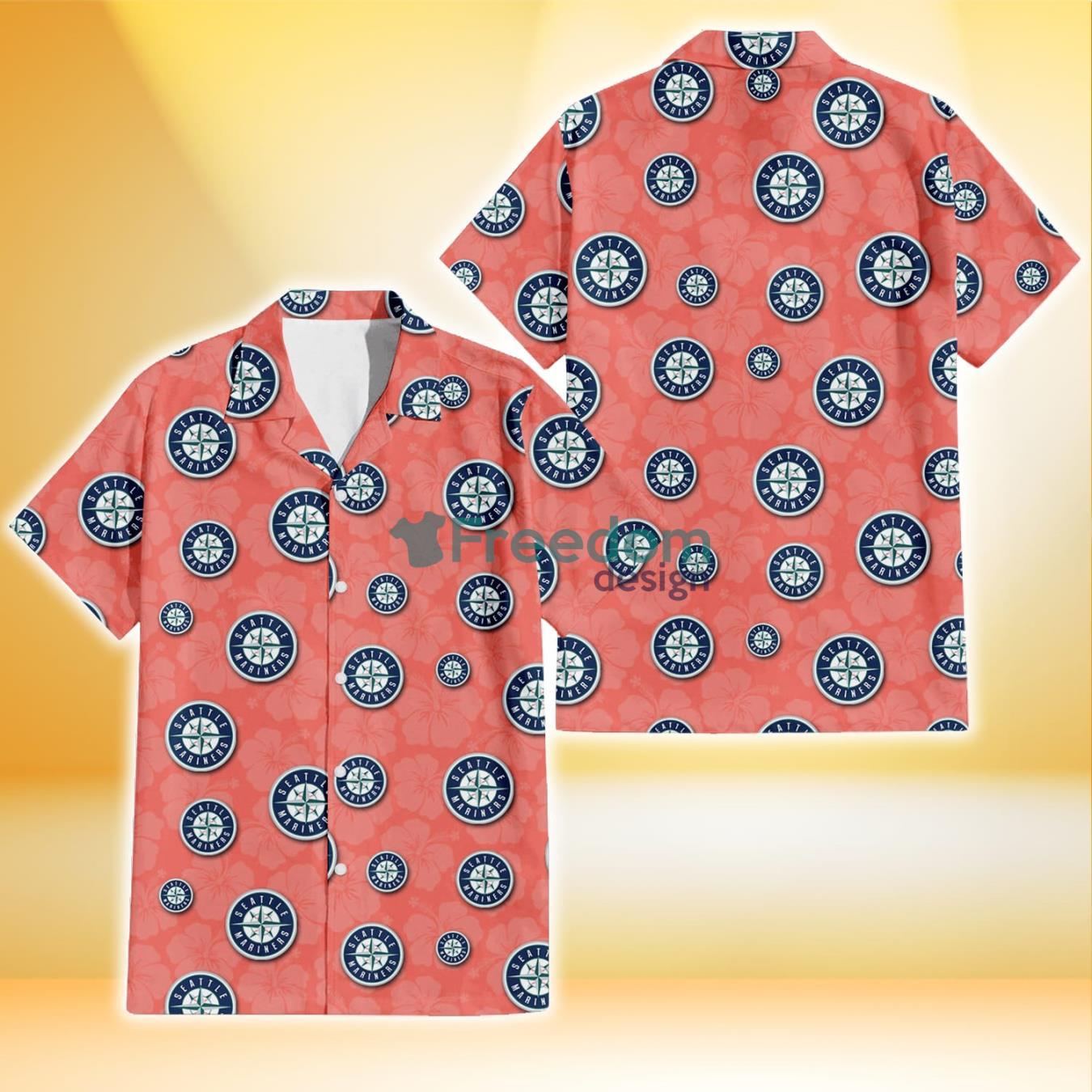 Seattle Mariners Peach Puff Hibiscus Tomato Orange Background 3D Hawaiian Shirt Gift For Fans Product Photo 1