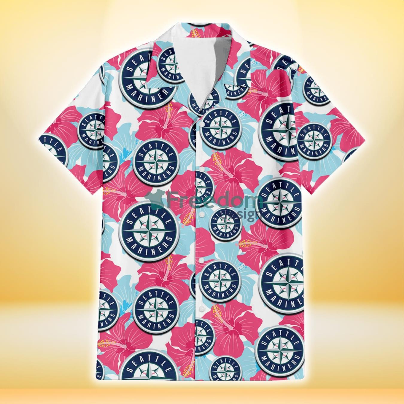 Seattle Mariners Pink Blue Hibiscus White Background 3D Hawaiian Shirt Gift For Fans Product Photo 2