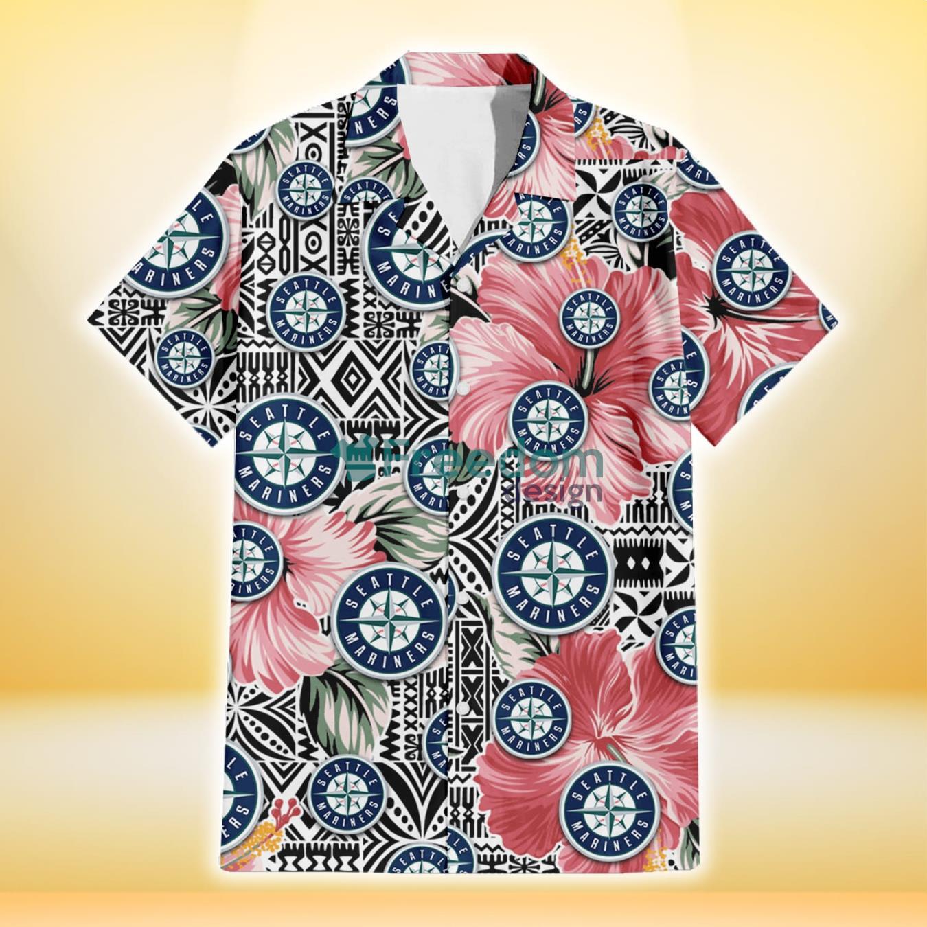 Seattle Mariners Pink Hibiscus Black Pattern White Background 3D Hawaiian Shirt Gift For Fans Product Photo 2