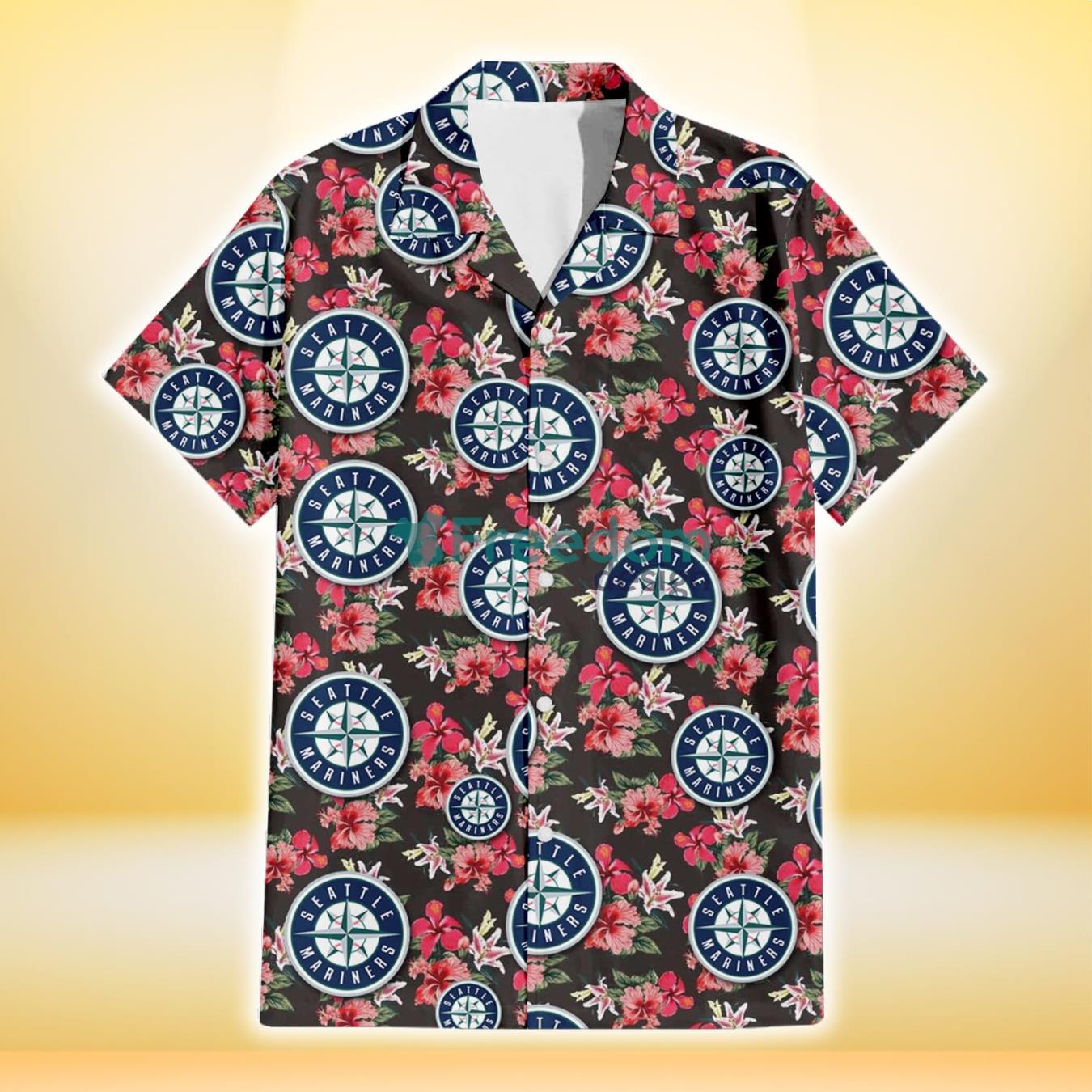 Seattle Mariners Pink Hibiscus Orchid Brown Background 3D Hawaiian Shirt Gift For Fans Product Photo 2