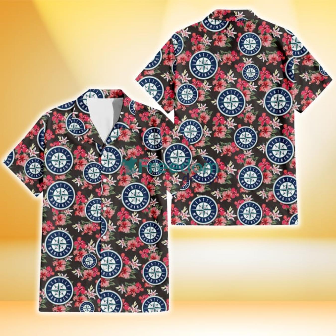 Seattle Mariners Pink Hibiscus Orchid Brown Background 3D Hawaiian Shirt Gift For Fans Product Photo 1