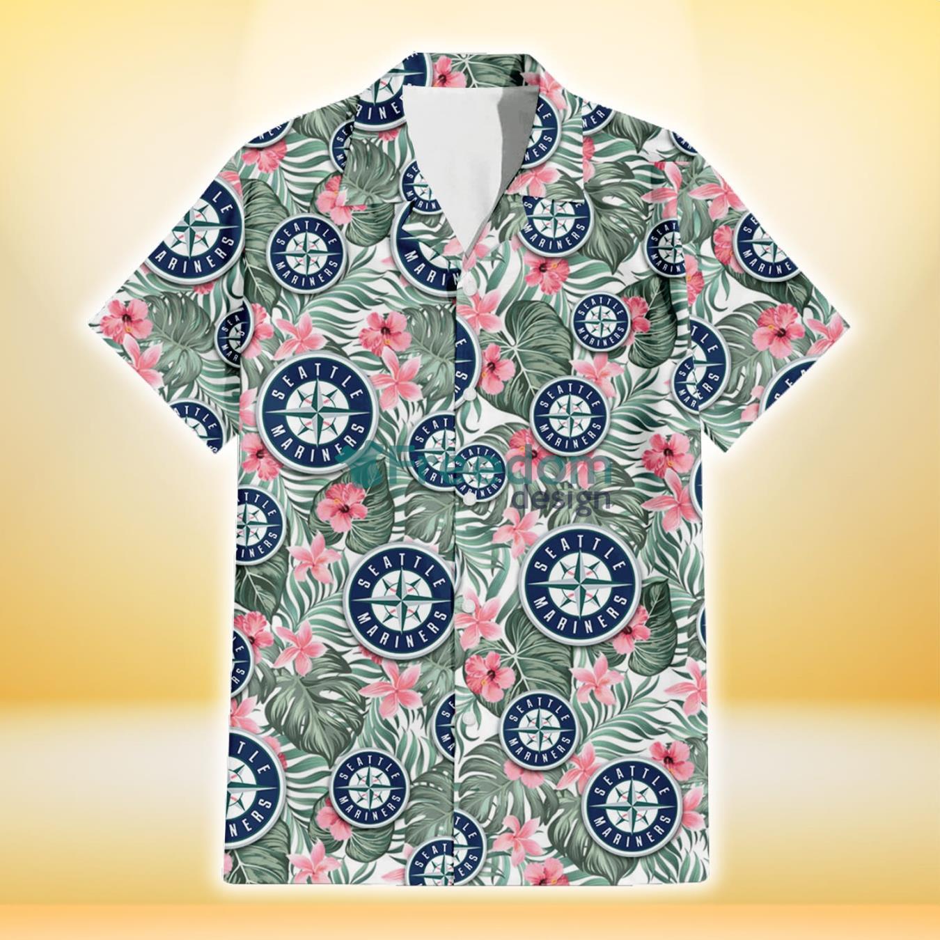 Seattle Mariners Pink Hibiscus Porcelain Flower Tropical Leaf White Background 3D Hawaiian Shirt Gift For Fans Product Photo 2