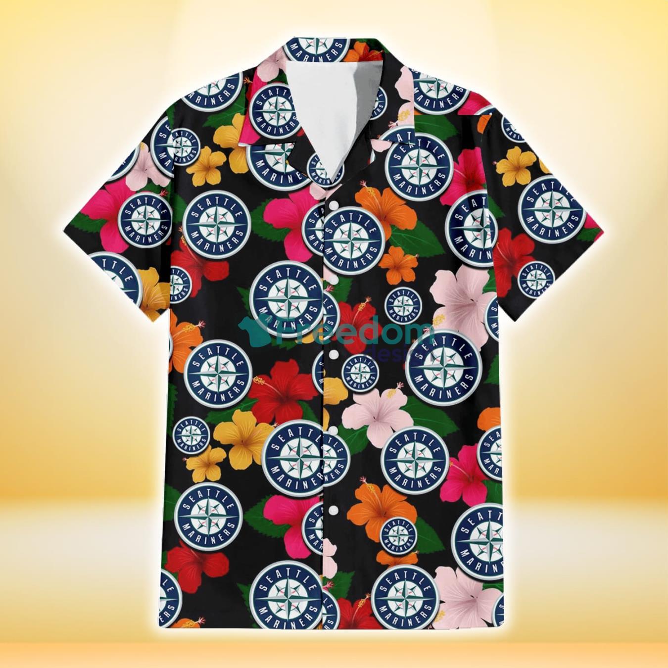 Seattle Mariners Pink Orange Yellow White Hibiscus Black Background 3D Hawaiian Shirt Gift For Fans Product Photo 2