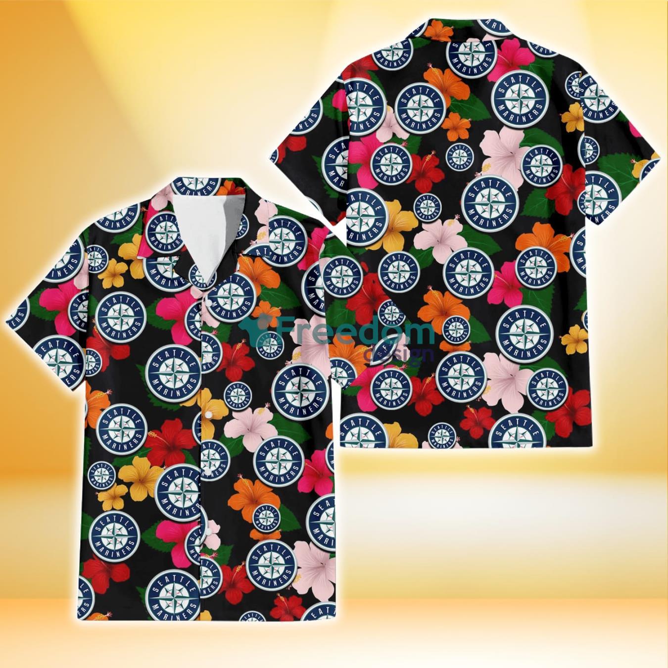 Seattle Mariners Pink Orange Yellow White Hibiscus Black Background 3D Hawaiian Shirt Gift For Fans Product Photo 1