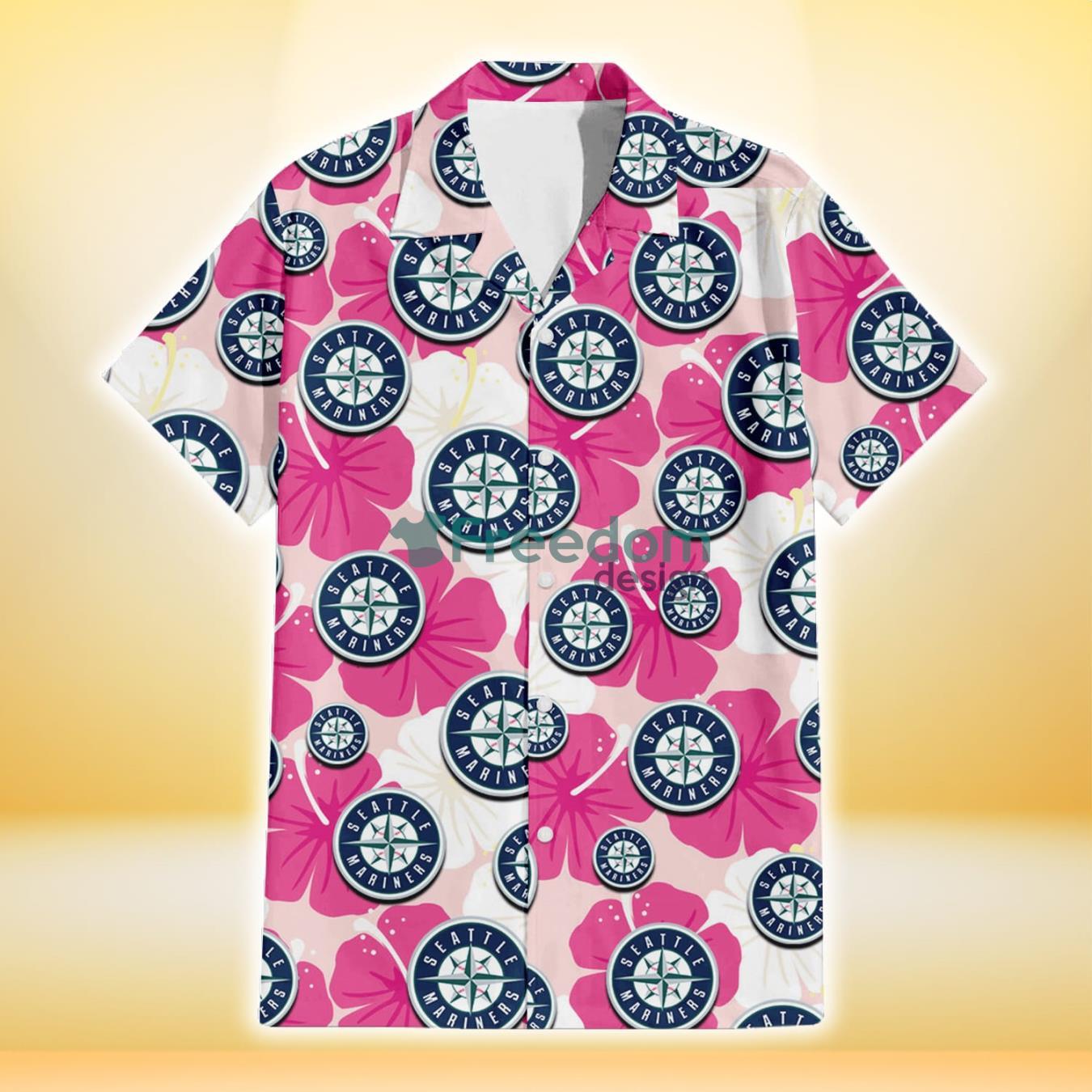 Seattle Mariners Pink White Hibiscus Misty Rose Background 3D Hawaiian Shirt Gift For Fans Product Photo 2