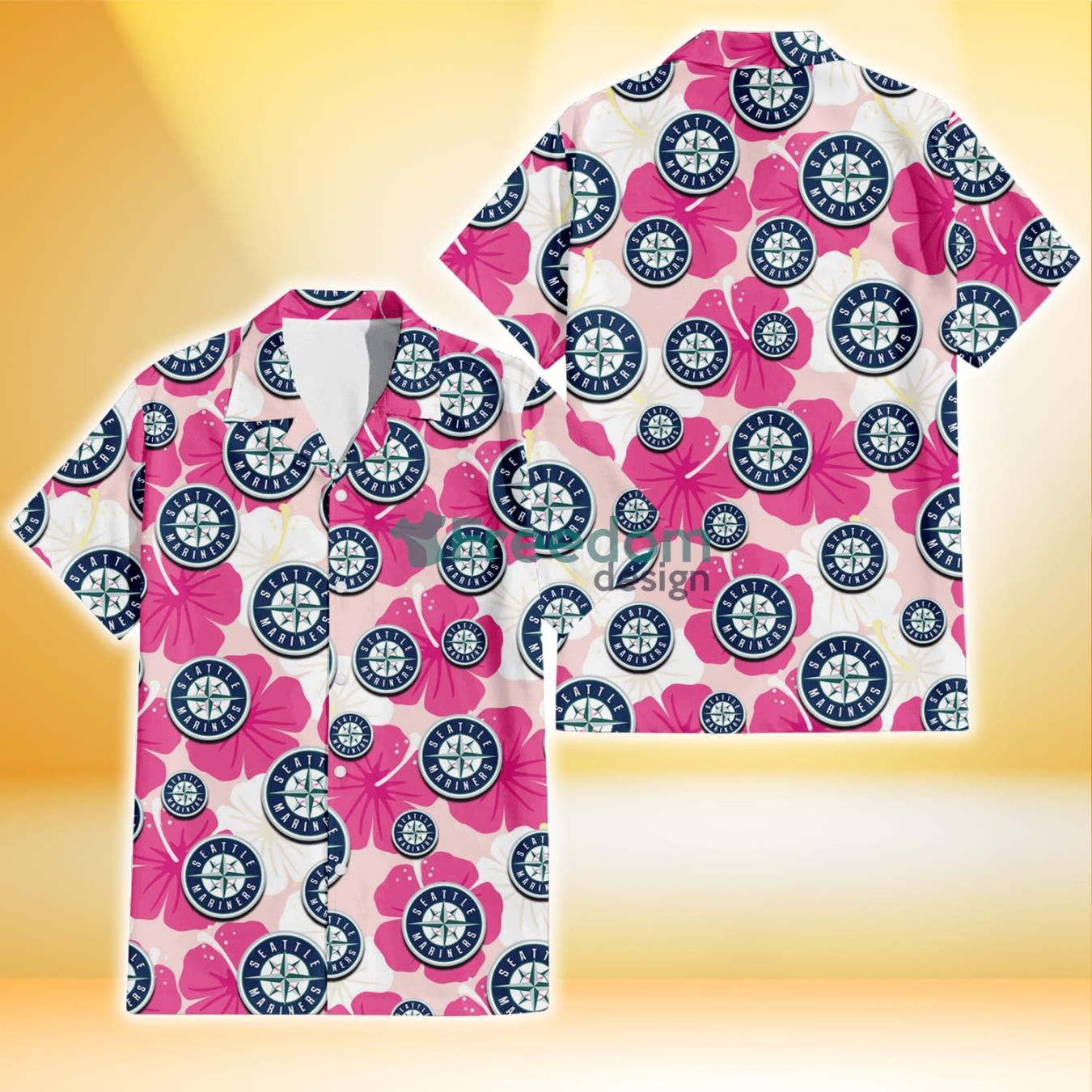 Seattle Mariners Pink White Hibiscus Misty Rose Background 3D Hawaiian Shirt Gift For Fans Product Photo 1