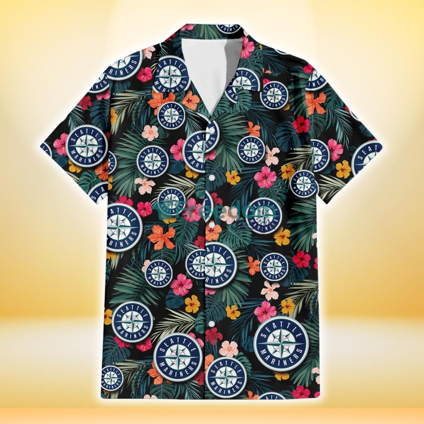 Seattle Mariners Pink Yellow Orange Hibiscus Big Tropical Leaf Black Background 3D Hawaiian Shirt Gift For Fans Product Photo 2