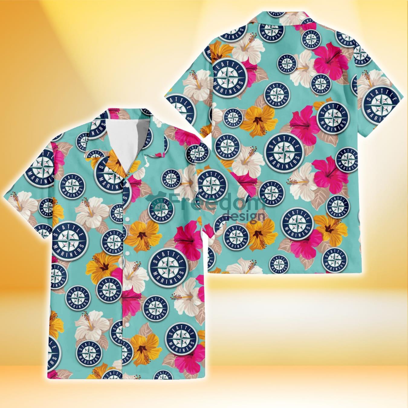 Seattle Mariners Pink Yellow White Hibiscus Turquoise Background 3D Hawaiian Shirt Gift For Fans Product Photo 1