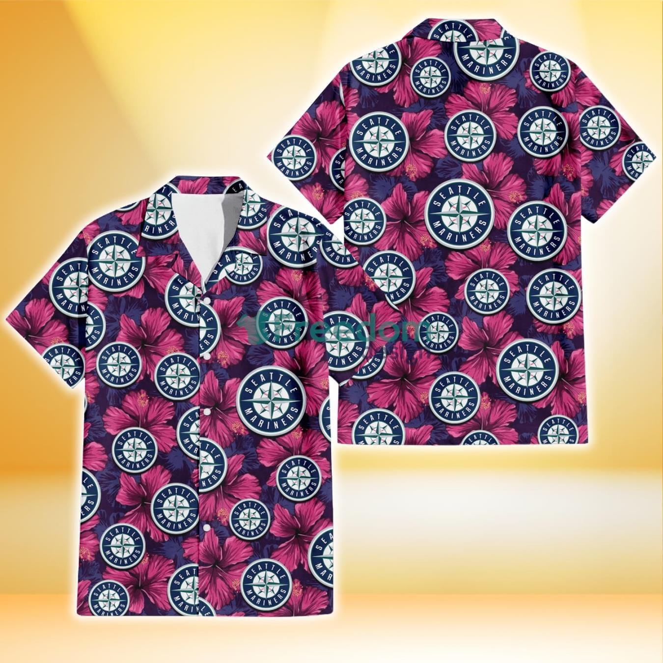 Seattle Mariners Plum Vilolet Hibiscus Dark Navy Leaf Black 3D Hawaiian Shirt Gift For Fans Product Photo 2