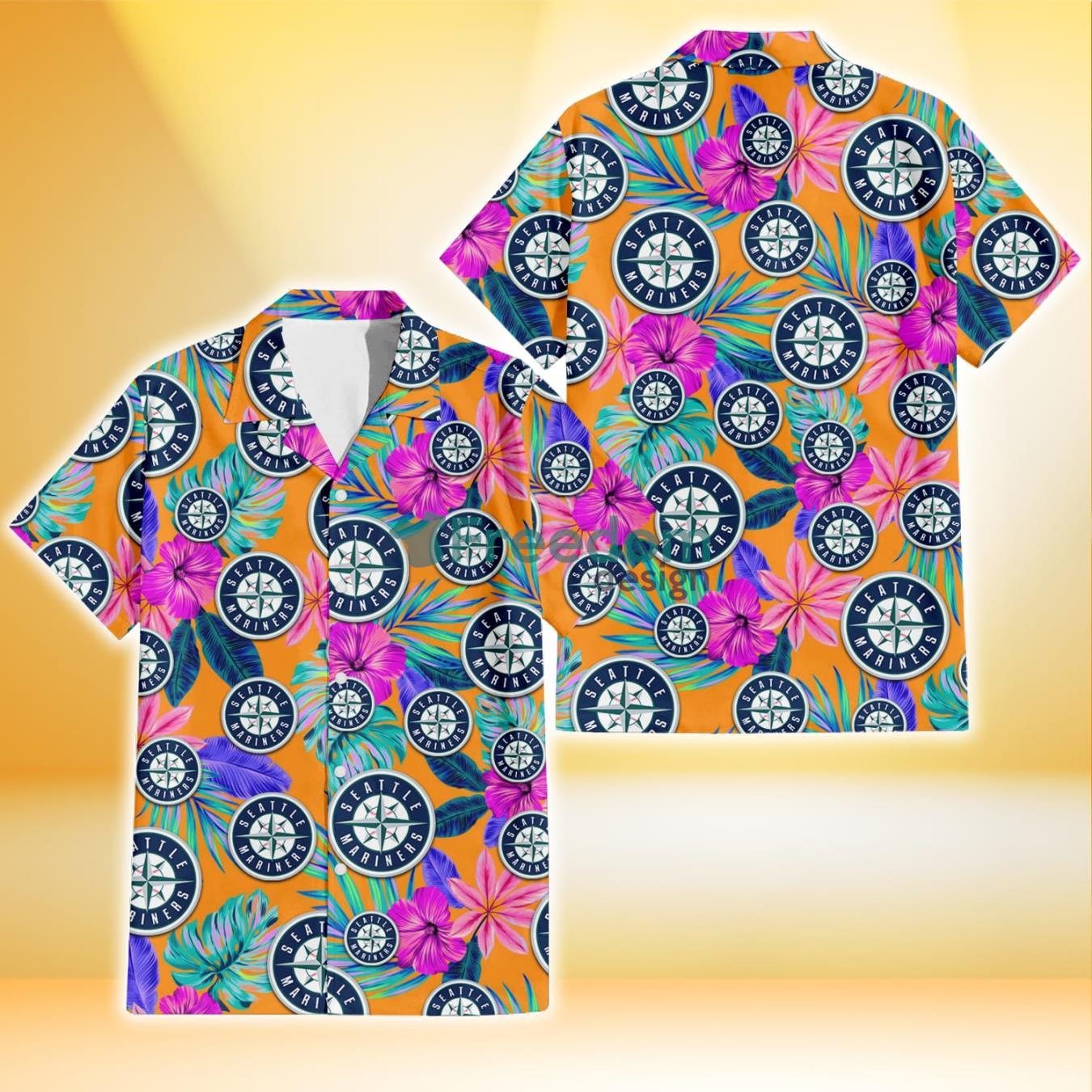 Seattle Mariners Purple Hibiscus Neon Leaf Orange Background 3D Hawaiian Shirt Gift For Fans Product Photo 1