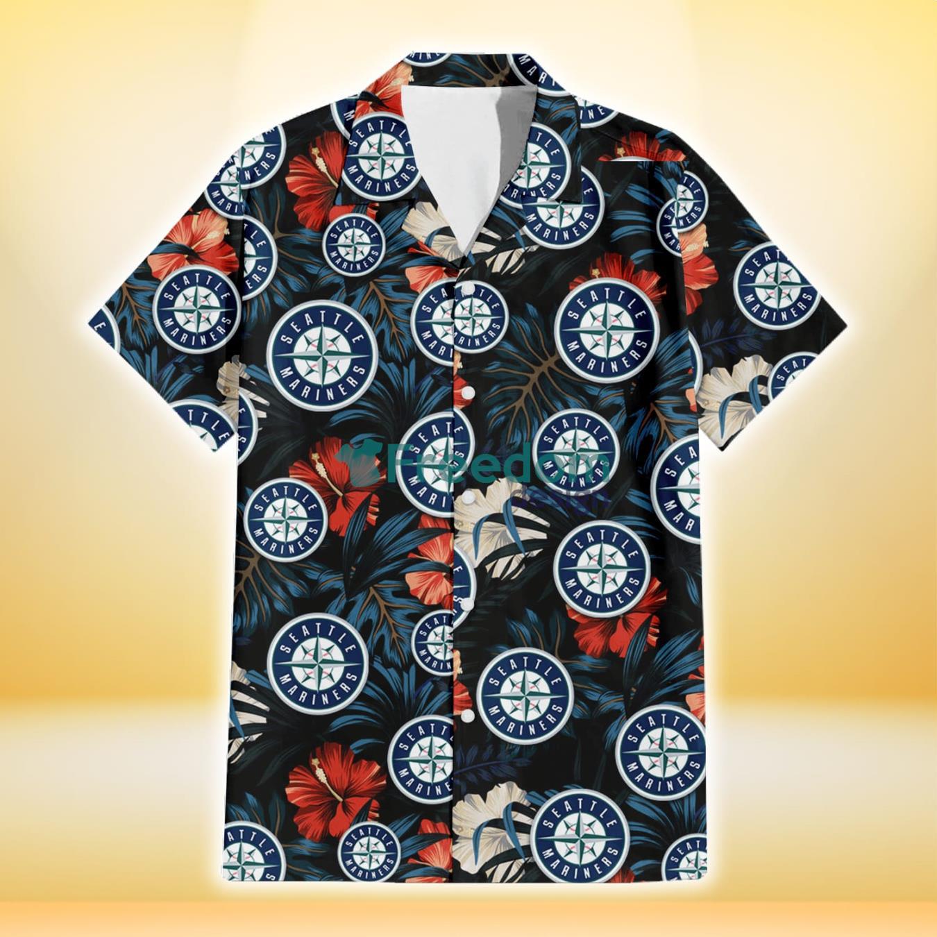 Seattle Mariners Red And White Hibiscus Dark Leaf Black Background 3D Hawaiian Shirt Gift For Fans Product Photo 2