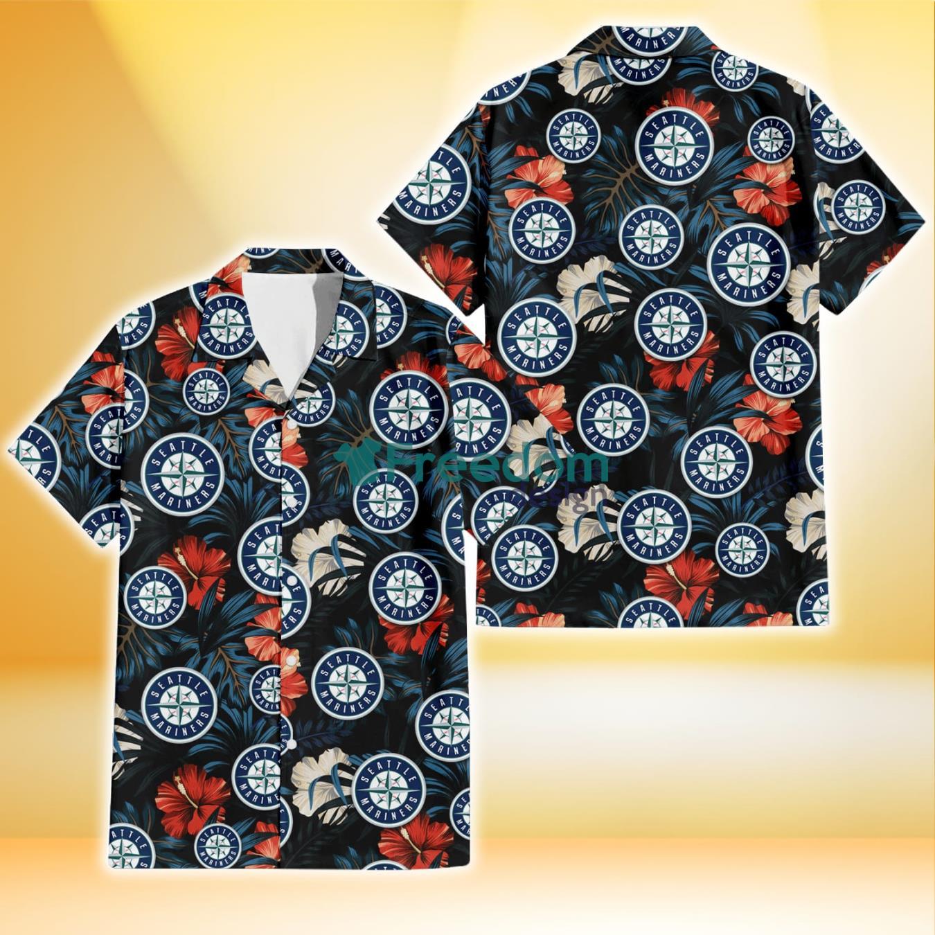 Seattle Mariners Red And White Hibiscus Dark Leaf Black Background 3D Hawaiian Shirt Gift For Fans Product Photo 1