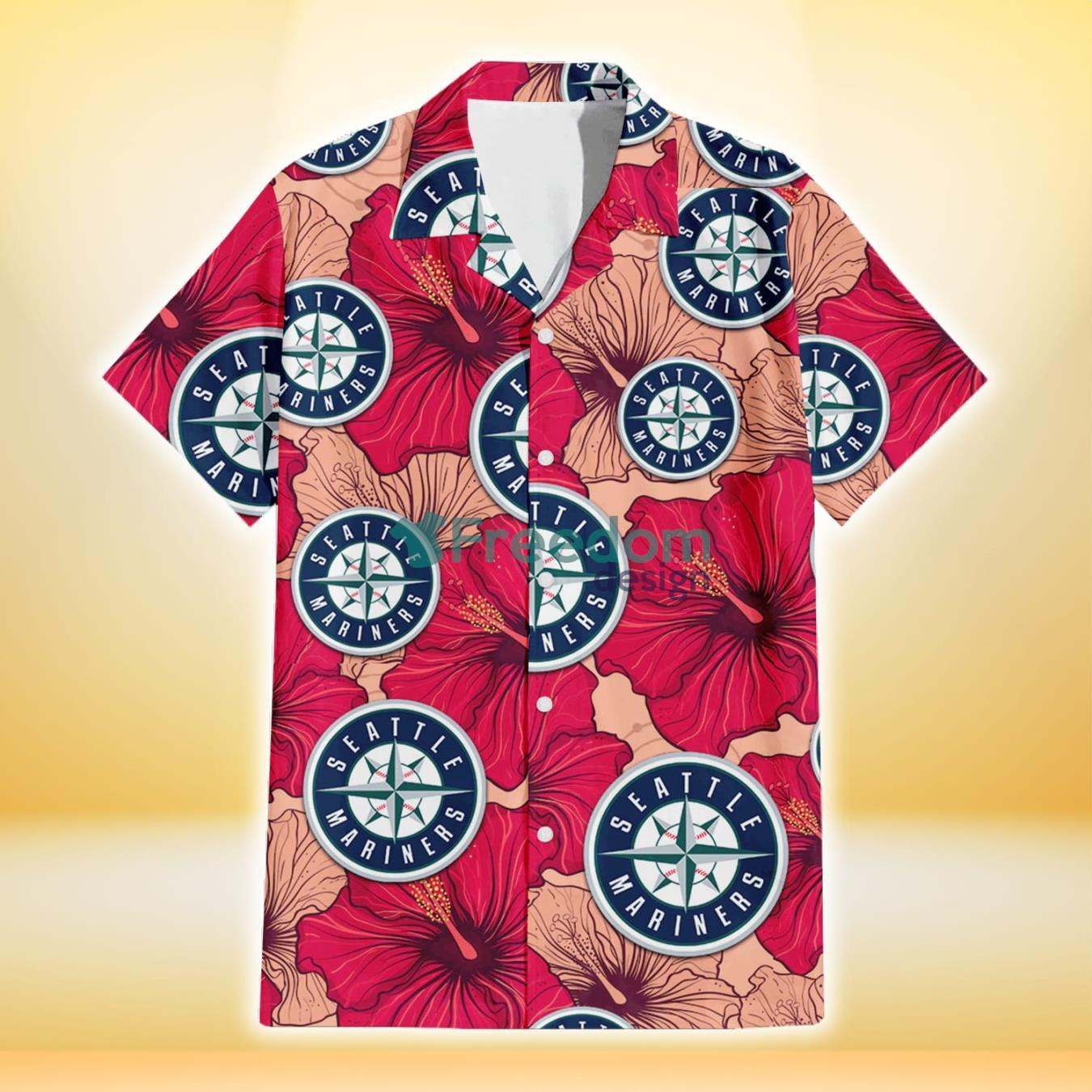 Seattle Mariners Red Beige Hibiscus Beige Background 3D Hawaiian Shirt Gift For Fans Product Photo 2