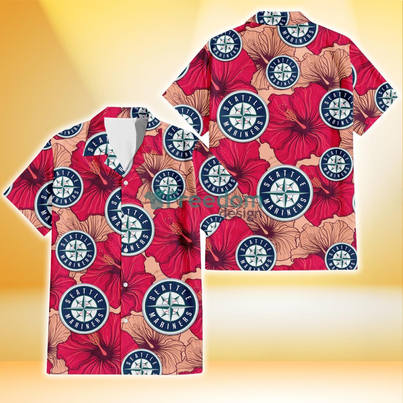 Seattle Mariners Red Beige Hibiscus Beige Background 3D Hawaiian Shirt Gift For Fans Product Photo 1