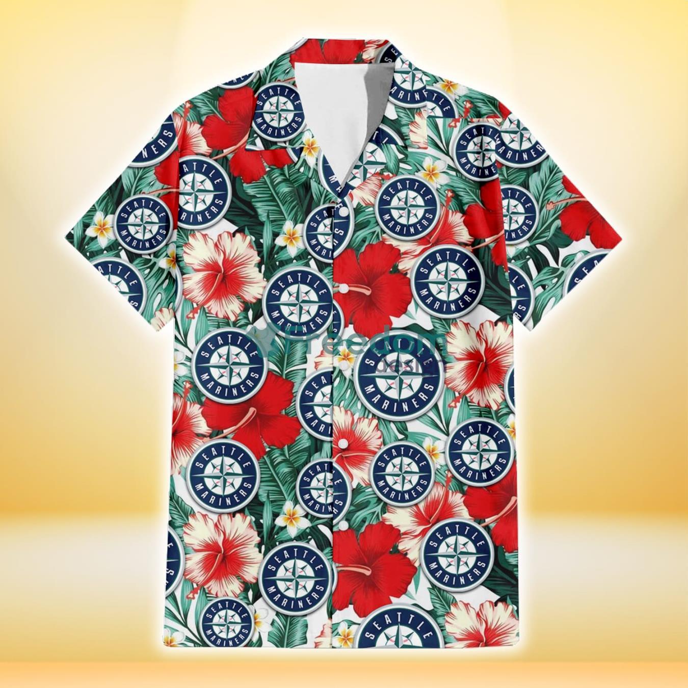 Seattle Mariners Red Coral Hibiscus White Porcelain Flower Banana Leaf 3D Hawaiian Shirt Gift For Fans Product Photo 2