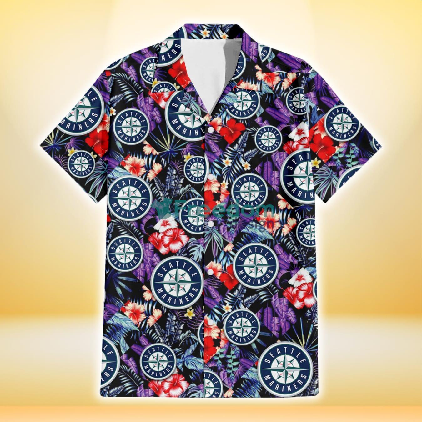 Seattle Mariners Red Hibiscus Caro Black Background 3D Hawaiian Shirt Gift For Fans Product Photo 2