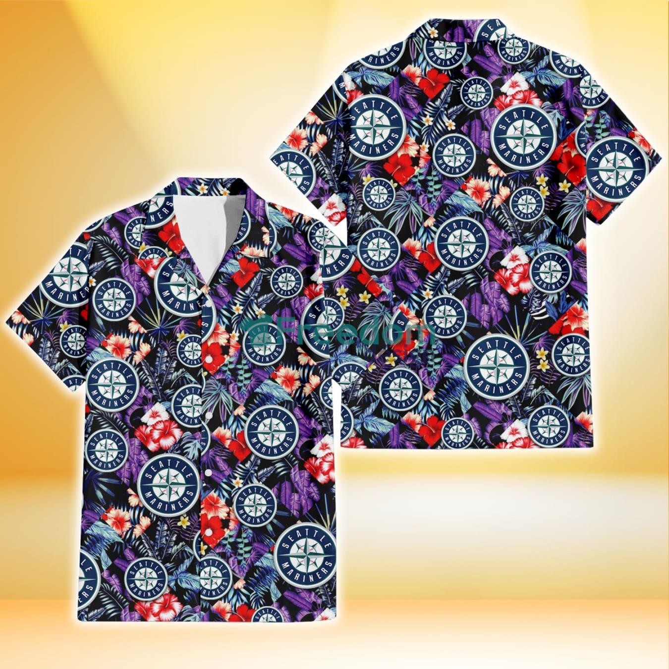 Seattle Mariners Red Hibiscus Caro Black Background 3D Hawaiian Shirt Gift For Fans Product Photo 1