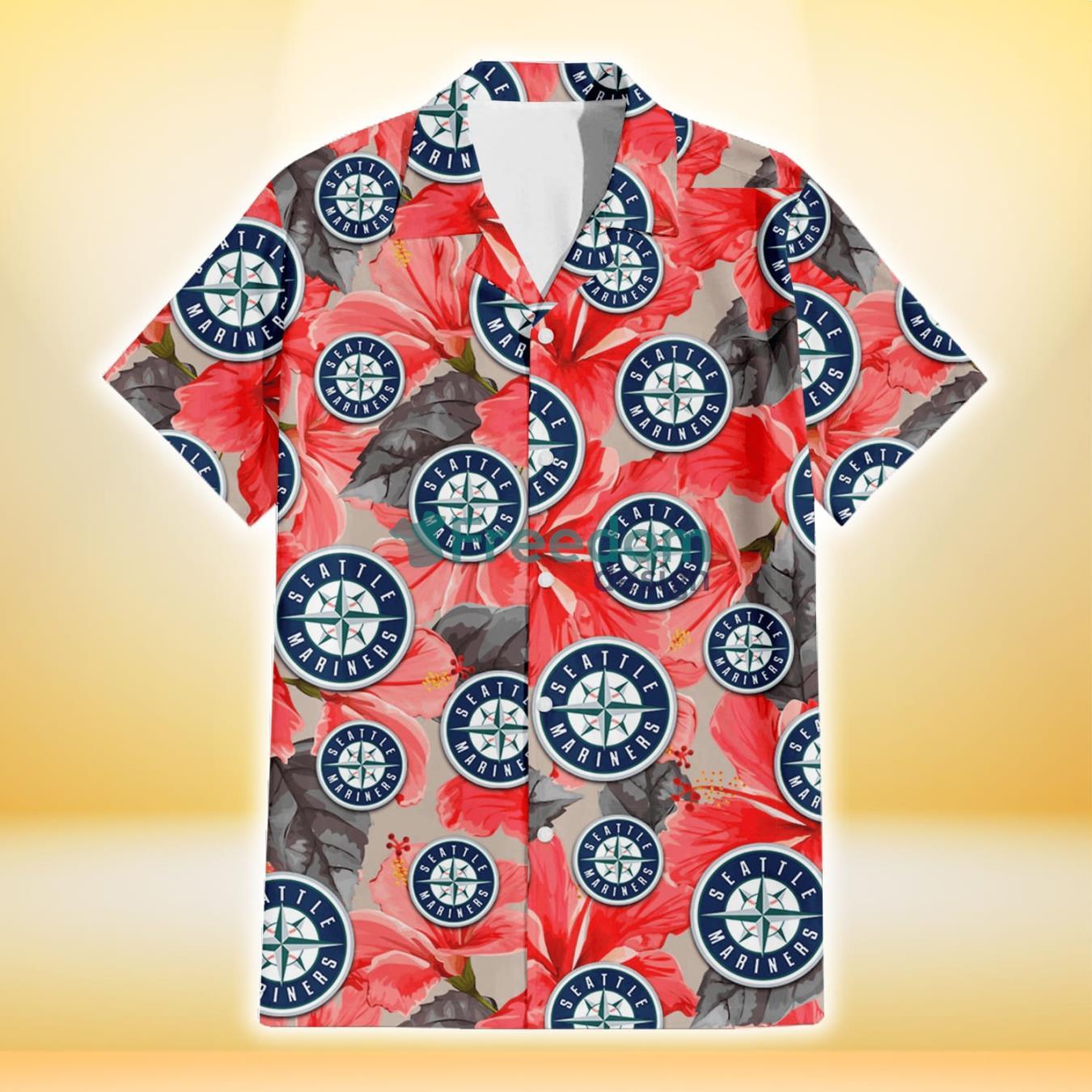 Seattle Mariners Red Hibiscus Gray Leaf Beige Background 3D Hawaiian Shirt Gift For Fans Product Photo 2