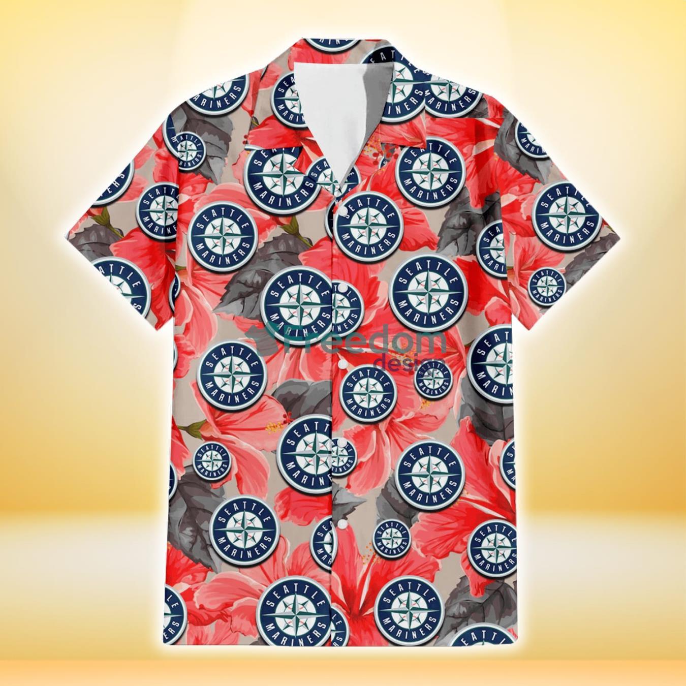 Seattle Mariners Red Hibiscus Gray Leaf Gainsboro Background 3D Hawaiian Shirt Gift For Fans Product Photo 2