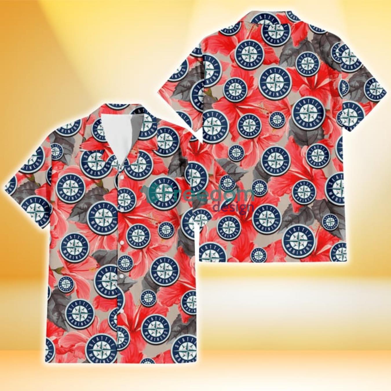 Seattle Mariners Red Hibiscus Gray Leaf Gainsboro Background 3D Hawaiian Shirt Gift For Fans Product Photo 1