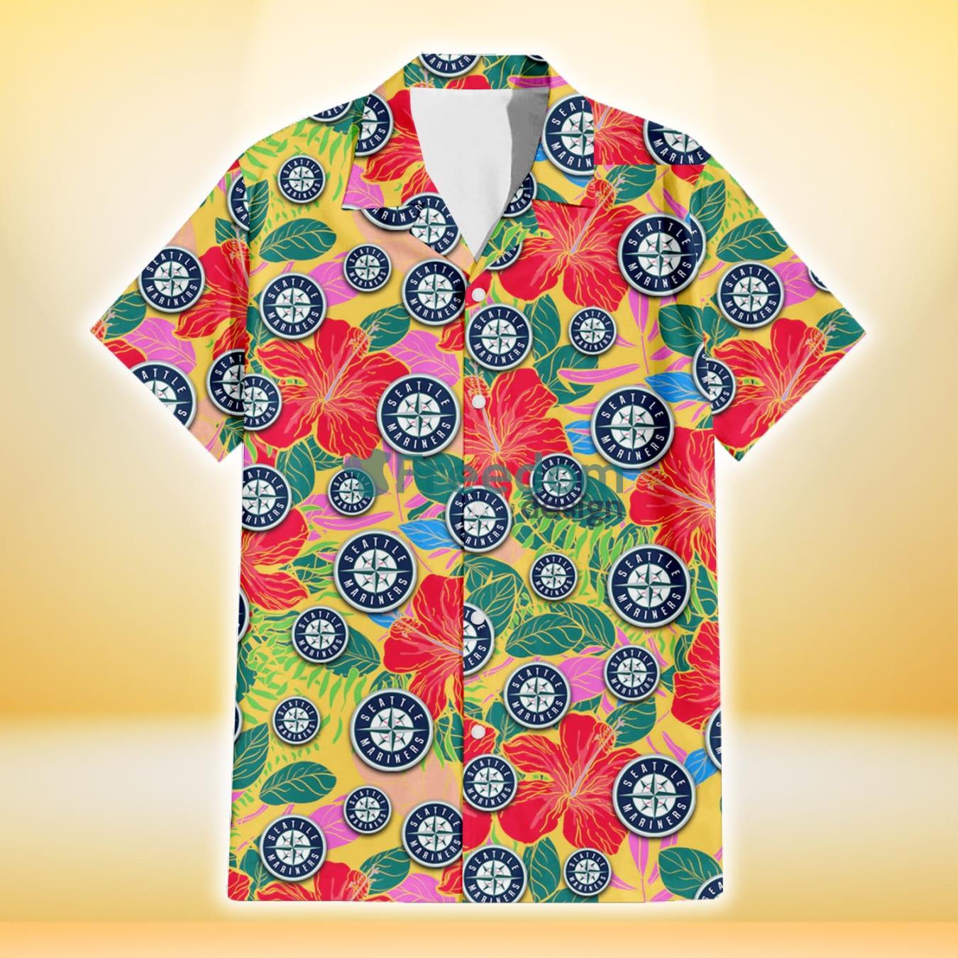 Seattle Mariners Red Hibiscus Green Blue Leaf Yellow Background 3D Hawaiian Shirt Gift For Fans Product Photo 2